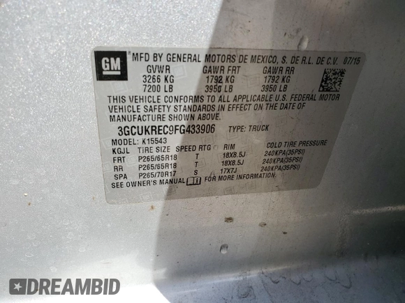 2015 Chevrolet Silverado 1500 LT with VIN 3GCUKREC9FG433906, listed as a Copart auction lot 52495785 with 99,268 mi miles and Salvage Title. Bid and sale history available at DreamBid. Image 12.