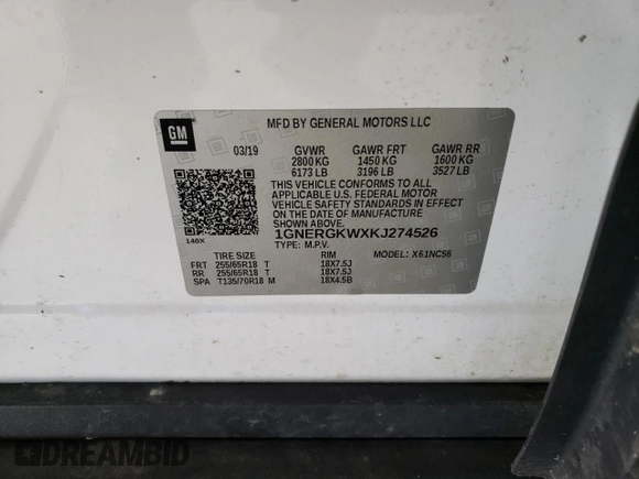 2019 Chevrolet Traverse LT Cloth with VIN 1GNERGKWXKJ274526, listed as a Copart auction lot 58529815 with 62,090 mi miles and Clean title. Bid and sale history available at DreamBid. Image 13.