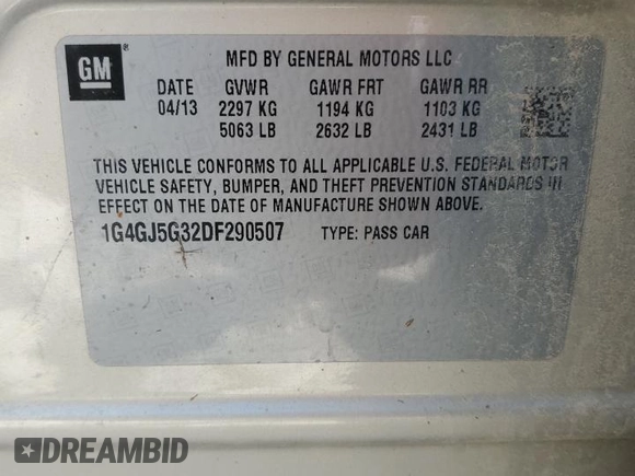 2013 Buick LaCrosse Touring with VIN 1G4GJ5G32DF290507, listed as a Copart auction lot 52973005 with 199,501 mi miles and Salvage title. Bid and sale history available at DreamBid. Image 13.