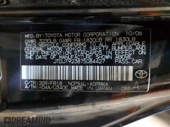 2007 Toyota Yaris with VIN JTDJT923875084427, listed as a Copart auction lot 52620615 with 152,526 mi miles and Non Repairable. Bid and sale history available at carsss.com. Image 12.