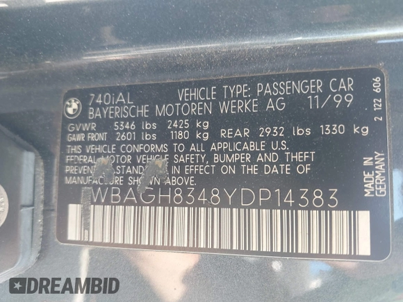 2000 BMW 7 Series 740iL with VIN WBAGH8348YDP14383, listed as a IAAI auction lot 42623041 with 176,801 mi miles and . Bid and sale history available at DreamBid. Image 9.