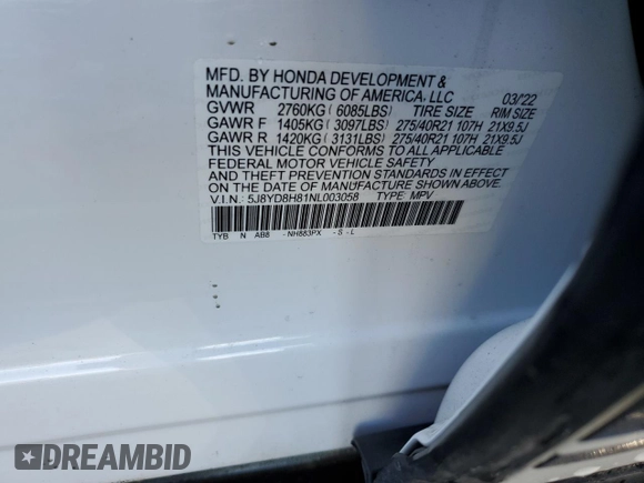 2022 Acura MDX Type S w/Advance Package with VIN 5J8YD8H81NL003058, listed as a Copart auction lot 51652394 with 0 mi miles. Bid and sale history available at carsss.com. Image 12.