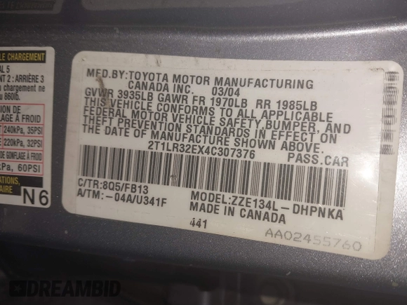 2004 Toyota Matrix Std z VIN 2T1LR32EX4C307376, wystawiony jako IAAI lot #41652181 z przebiegiem 88 645 mil mil oraz . Historia ofert i sprzedaży dostępna na DreamBid. Obrazek 9.