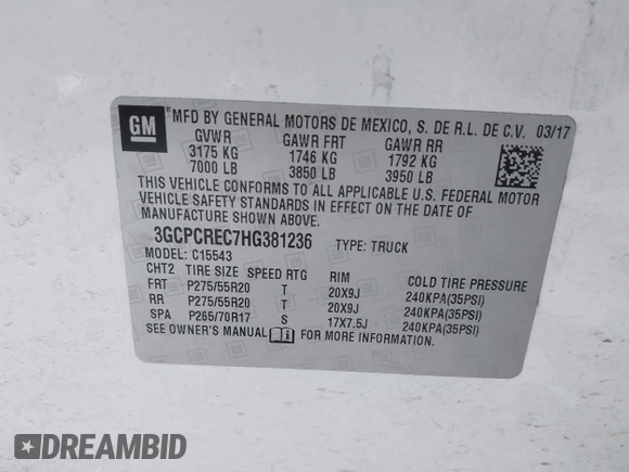 2017 Chevrolet Silverado 1500 LT with VIN 3GCPCREC7HG381236, listed as a IAAI auction lot 41805250 with 222,581 mi miles and . Bid and sale history available at DreamBid. Image 9.