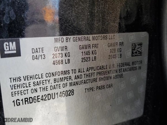 2013 Chevrolet Volt with VIN 1G1RD6E42DU146028, listed as a Copart auction lot 52965605 with 170,572 mi miles and Clean Title. Bid and sale history available at carsss.com. Image 12.