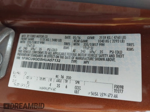 2017 Ford Escape SE with VIN 1FMCU9GD5HUA57132, listed as a IAAI auction lot 42075470 with 106,271 mi miles. Bid and sale history available at carsss.com. Image 9.
