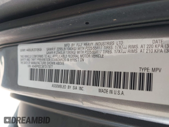 2008 Subaru Outback Limited with VIN 4S4BP62C387317977, listed as a IAAI auction lot 42619906 with Not provided miles and . Bid and sale history available at DreamBid. Image 9.
