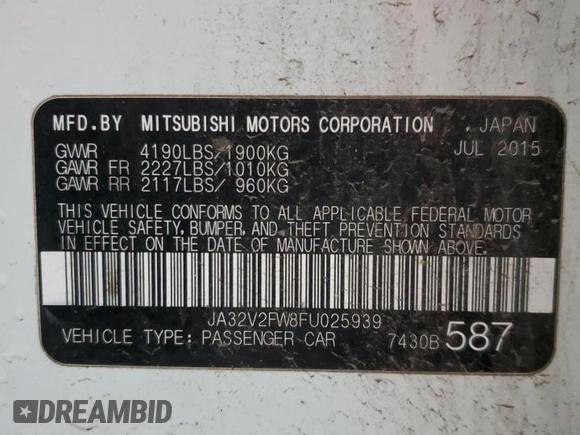 2015 Mitsubishi Lancer SE with VIN JA32V2FW8FU025939, listed as a Copart auction lot 88159265 with 110,336 mi miles and Salvage Title. Bid and sale history available at carsss.com. Image 14.