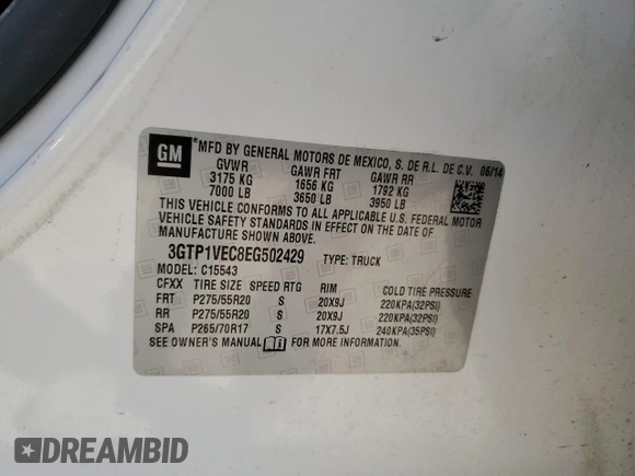 2014 GMC Sierra 1500 SLT with VIN 3GTP1VEC8EG502429, listed as a Copart auction lot 47784725 with 200,581 mi miles and Salvage title. Bid and sale history available at DreamBid. Image 13.