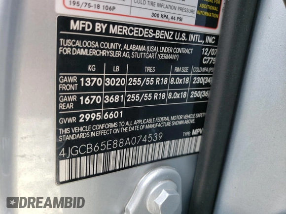 2008 Mercedes-Benz R 3.5L with VIN 4JGCB65E88A074539, listed as a Copart auction lot 68353544 with Not provided miles and Salvage title. Bid and sale history available at DreamBid. Image 13.