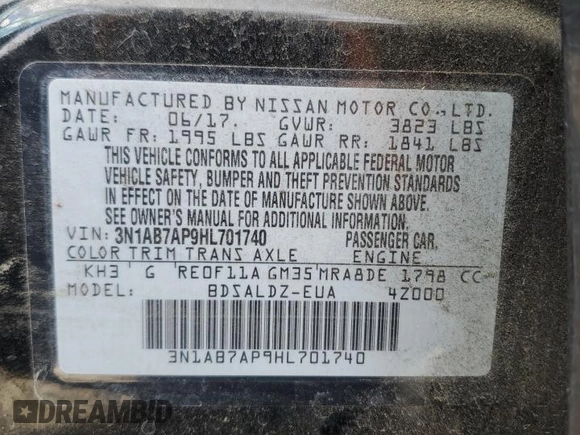2017 Nissan Sentra SV with VIN 3N1AB7AP9HL701740, listed as a Copart auction lot 55942245 with 88,324 mi miles and Salvage Title. Bid and sale history available at DreamBid. Image 13.