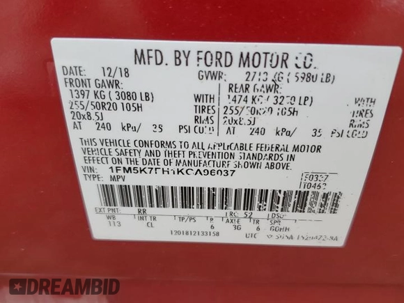 2019 Ford Explorer Limited z VIN 1FM5K7FH1KGA96037, wystawiony jako Copart lot #83707294 z przebiegiem 58 764 mil mil oraz Szkoda całkowita • Salvage title. Historia ofert i sprzedaży dostępna na DreamBid. Obrazek 14.