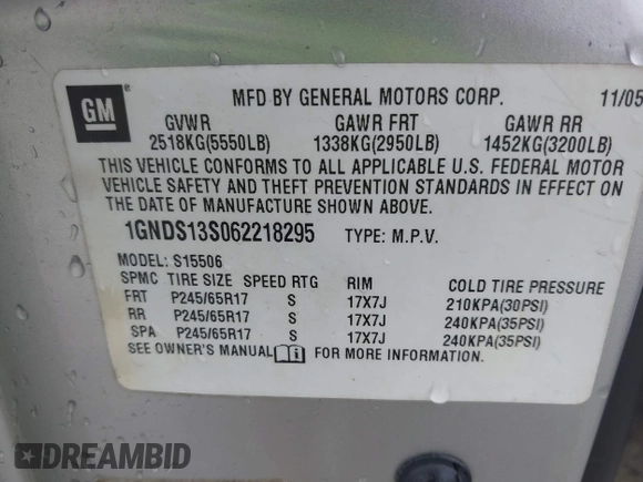2006 Chevrolet TrailBlazer LS with VIN 1GNDS13S062218295, listed as a IAAI auction lot 42155383 with 237,179 mi miles and . Bid and sale history available at DreamBid. Image 9.