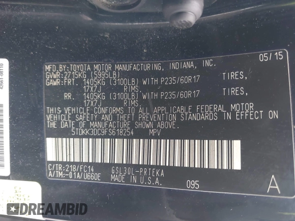 2015 Toyota Sienna LE AAS with VIN 5TDKK3DC9FS618254, listed as a IAAI auction lot 42653368 with 337,308 mi miles and . Bid and sale history available at DreamBid. Image 9.