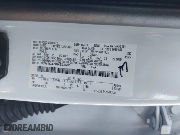 2019 Ford F-150 XL with VIN 1FTEW1C47KKE22590, listed as a IAAI auction lot 42418181 with 123,197 mi miles and . Bid and sale history available at DreamBid. Image 9.