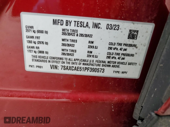 2023 Tesla Model X with VIN 7SAXCAE51PF390573, listed as a Copart auction lot 47499385 with Not Provided miles and Salvage Title. Bid and sale history available at DreamBid. Image 12.