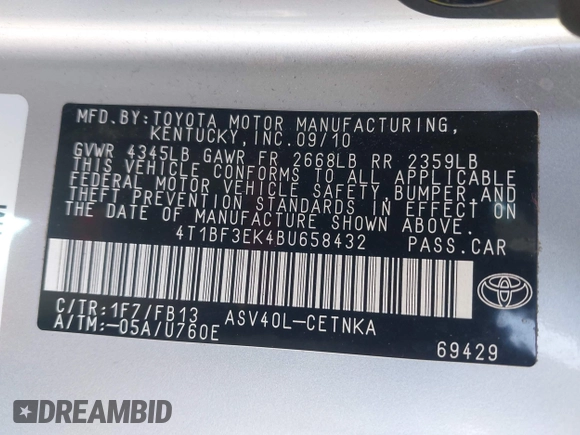 2011 Toyota Camry LE with VIN 4T1BF3EK4BU658432, listed as a IAAI auction lot 41950292 with 92,959 mi miles and . Bid and sale history available at carsss.com. Image 9.