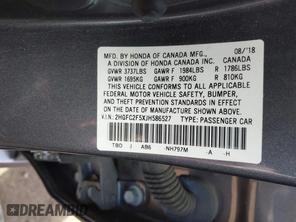 2018 Honda Civic LX with VIN 2HGFC2F5XJH586527, listed as a IAAI auction lot 42080372 with 52,114 mi miles and . Bid and sale history available at DreamBid. Image 9.