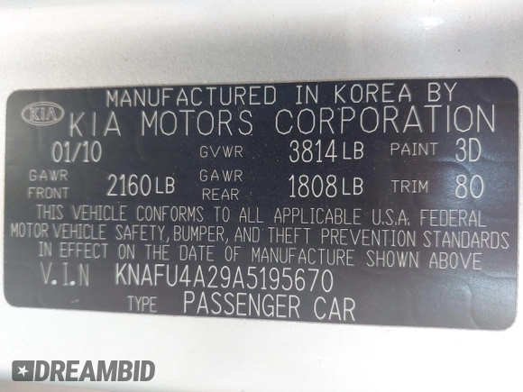 2010 Kia Forte EX with VIN KNAFU4A29A5195670, listed as a IAAI auction lot 42075961 with 160,648 mi miles. Bid and sale history available at carsss.com. Image 9.