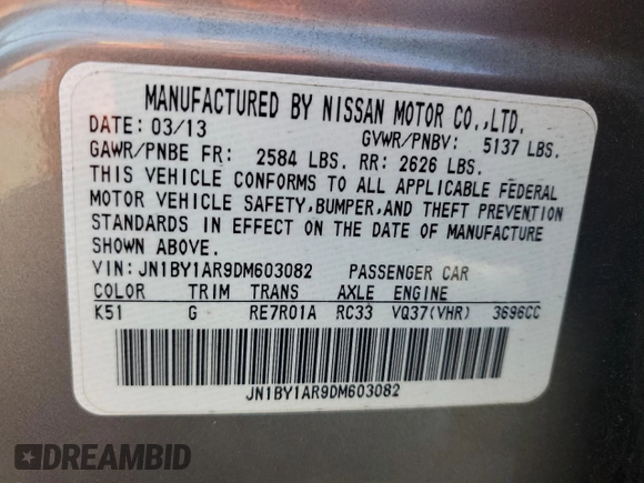 2013 Infiniti M37 with VIN JN1BY1AR9DM603082, listed as a Copart auction lot 78684604 with 112,808 mi miles and Salvage Title. Bid and sale history available at carsss.com. Image 12.