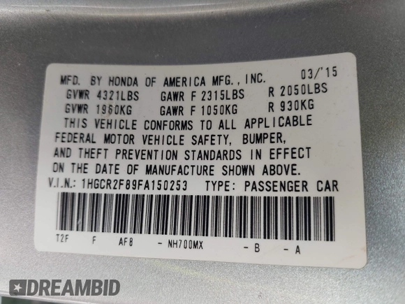 2015 Honda Accord EX-L с VIN 1HGCR2F89FA150253, выставлен на аукционе IAAI как лот 42293502 с пробегом 70 025 миль миль и . История ставок и продаж доступна на DreamBid. Изображение 9.