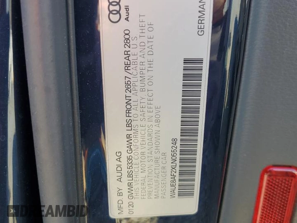 2020 Audi A6 Premium Plus with VIN WAUE8AF2XLN055248, listed as a Copart auction lot 43851555 with 0 mi miles and Salvage Title. Bid and sale history available at carsss.com. Image 14.