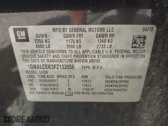 2015 Chevrolet Equinox LT with VIN 1GNALCEK3FZ132656, listed as a IAAI auction lot 42037315 with 152,598 mi miles. Bid and sale history available at carsss.com. Image 9.