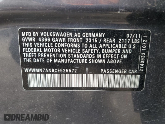 2012 Volkswagen CC Sport с VIN WVWMN7AN9CE525572, выставлен на аукционе Copart как лот 55564215 с пробегом 106 596 миль миль и Списание • Salvage title. История ставок и продаж доступна на DreamBid. Изображение 13.
