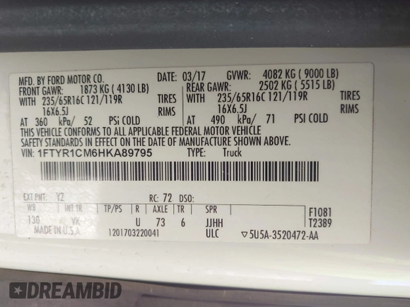 2017 Ford Transit with VIN 1FTYR1CM6HKA89795, listed as a IAAI auction lot 41654927 with 96,489 mi miles and . Bid and sale history available at DreamBid. Image 9.