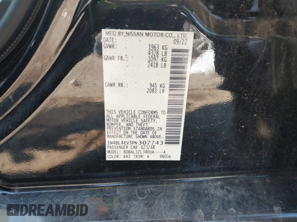 2023 Nissan Altima SL with VIN 1N4BL4EV3PN307743, listed as a IAAI auction lot 41236574 with 31,992 mi miles and . Bid and sale history available at DreamBid. Image 9.