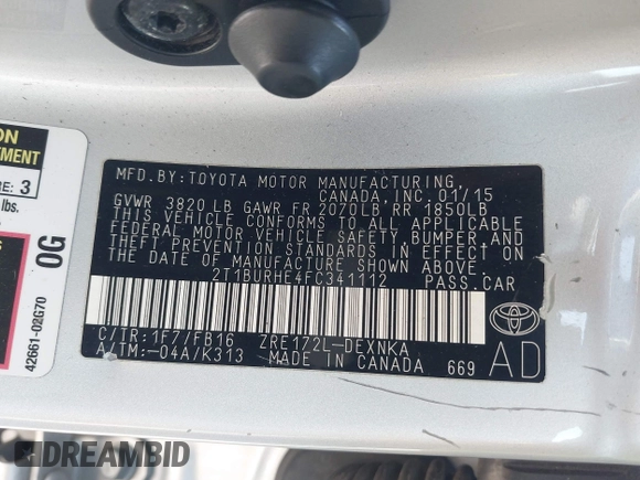 2015 Toyota Corolla L z VIN 2T1BURHE4FC341112, wystawiony jako IAAI lot #42005524 z przebiegiem 120 369 mil mil oraz . Historia ofert i sprzedaży dostępna na DreamBid. Obrazek 9.