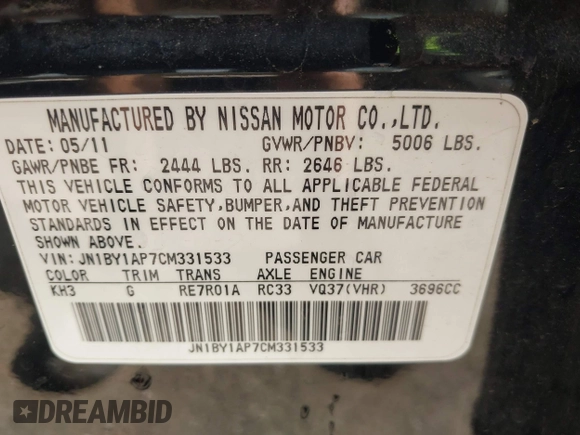 2012 Infiniti M with VIN JN1BY1AP7CM331533, listed as a IAAI auction lot 42149759 with 123,186 mi miles. Bid and sale history available at carsss.com. Image 9.