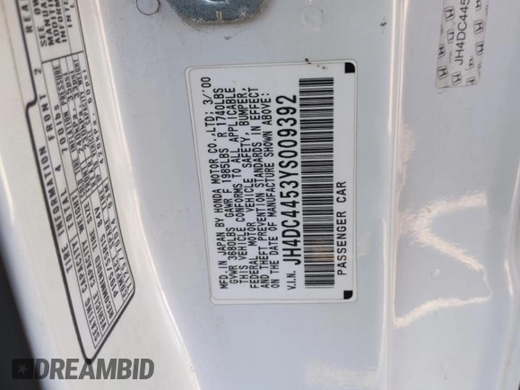2000 Acura Integra LS z VIN JH4DC4453YS009392, wystawiony jako Copart lot #87478814 z przebiegiem 151 064 mil mil oraz Szkoda całkowita • Salvage title. Historia ofert i sprzedaży dostępna na DreamBid. Obrazek 12.