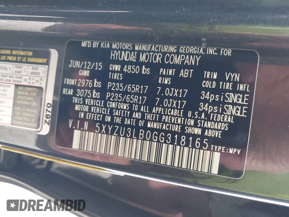 2016 Hyundai Santa Fe z VIN 5XYZU3LB0GG318165, wystawiony jako IAAI lot #42158474 z przebiegiem 74 420 mil mil oraz . Historia ofert i sprzedaży dostępna na DreamBid. Obrazek 9.