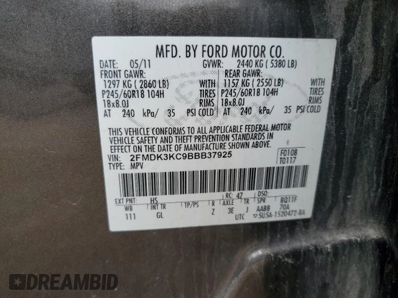 2011 Ford Edge Limited with VIN 2FMDK3KC9BBB37925, listed as a Copart auction lot 59897185 with 155,135 mi miles and Salvage title. Bid and sale history available at DreamBid. Image 12.