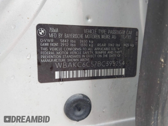 2011 BMW 7 Series 750i xDrive with VIN WBAKC6C57BC395254, listed as a IAAI auction lot 42719449 with 212,096 mi miles and . Bid and sale history available at DreamBid. Image 9.