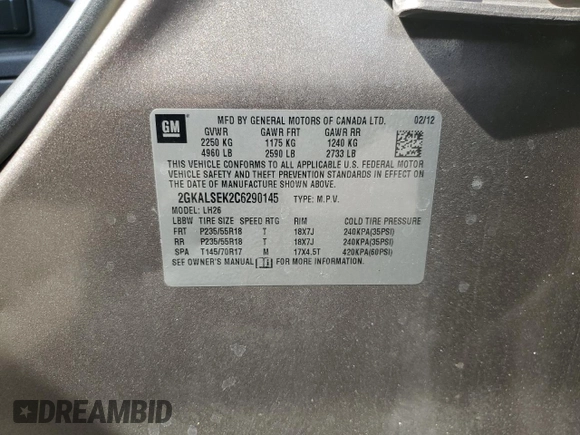 2012 GMC Terrain SLE-2 with VIN 2GKALSEK2C6290145, listed as a Copart auction lot 49855685 with 62,668 mi miles and Salvage Title. Bid and sale history available at carsss.com. Image 13.