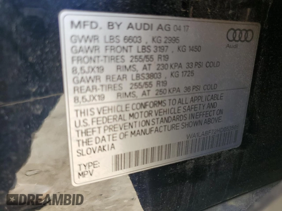 2017 Audi Q7 Premium Plus with VIN WA1LABF72HD053565, listed as a Copart auction lot 53044095 with 58,753 mi miles and Salvage Title. Bid and sale history available at DreamBid. Image 13.