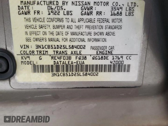 2005 Nissan Sentra 1.8 with VIN 3N1CB51D25L584002, listed as a Copart auction lot 81814474 with Not Provided miles and Salvage Title. Bid and sale history available at DreamBid. Image 14.