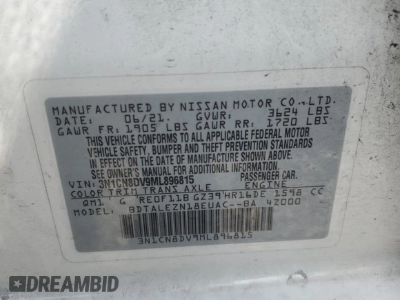 2021 Nissan Versa S with VIN 3N1CN8DV9ML896815, listed as a Copart auction lot 58724265 with 67,071 mi miles and Salvage title. Bid and sale history available at DreamBid. Image 13.