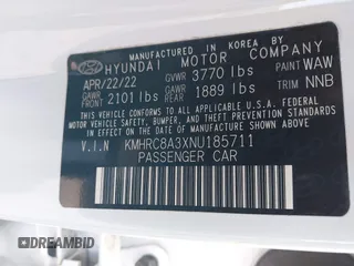 2022 Hyundai Venue Limited with VIN KMHRC8A3XNU185711, listed as a IAAI auction lot 42195088 with 31,957 mi miles and . Bid and sale history available at DreamBid. Image 9.