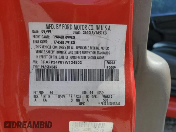 2000 Ford Focus SE z VIN 1FAFP34P8YW134803, wystawiony jako Copart lot #59402265 z przebiegiem 188 652 mil mil oraz Szkoda całkowita • Salvage title. Historia ofert i sprzedaży dostępna na DreamBid. Obrazek 12.