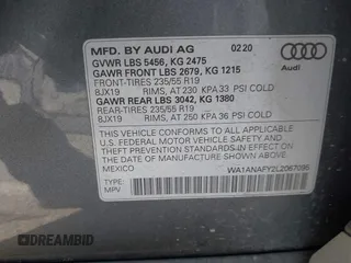 2020 Audi Q5 Premium with VIN WA1ANAFY2L2067095, listed as a IAAI auction lot 41929682 with 56,780 mi miles and . Bid and sale history available at DreamBid. Image 9.