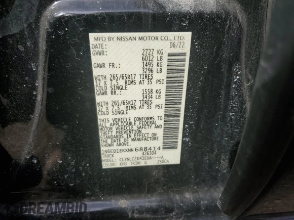 2022 Nissan Frontier SV with VIN 1N6ED1EKXNN688414, listed as a Copart auction lot 48594735 with 47,123 mi miles and Salvage title. Bid and sale history available at DreamBid. Image 14.