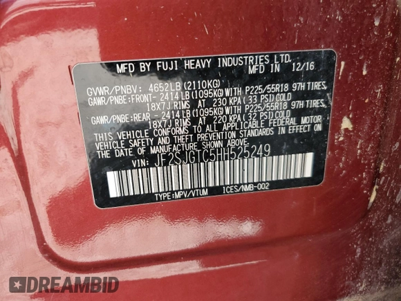 2017 Subaru Forester Touring с VIN JF2SJGTC5HH525249, выставлен на аукционе Copart как лот 60942615 с пробегом 109 864 миль миль и Чистый • Clean title. История ставок и продаж доступна на DreamBid. Изображение 12.