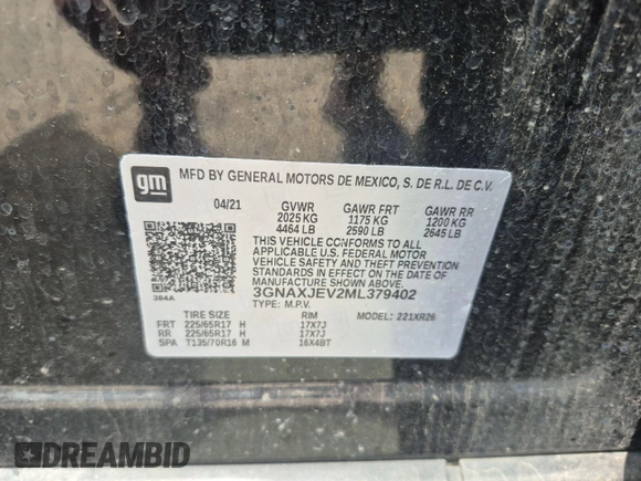 2021 Chevrolet Equinox LT z VIN 3GNAXJEV2ML379402, wystawiony jako IAAI lot #42504649 z przebiegiem 58 647 mil mil oraz . Historia ofert i sprzedaży dostępna na DreamBid. Obrazek 8.