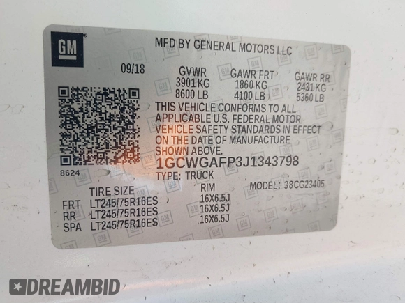 2018 Chevrolet Express Cargo with VIN 1GCWGAFP3J1343798, listed as a IAAI auction lot 40219592 with 121,288 mi miles and . Bid and sale history available at DreamBid. Image 9.