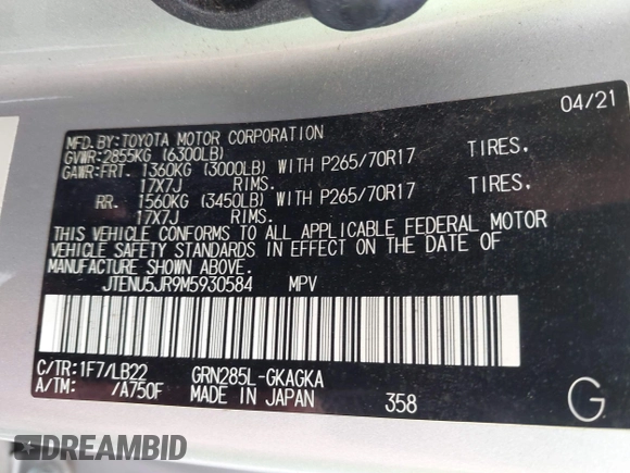 2021 Toyota 4Runner SR5 Premium with VIN JTENU5JR9M5930584, listed as a IAAI auction lot 42377592 with 58,340 mi miles and . Bid and sale history available at DreamBid. Image 9.