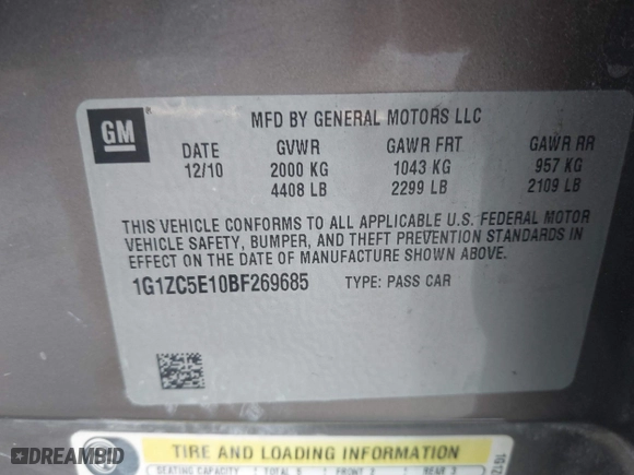 2011 Chevrolet Malibu LT w/1LT with VIN 1G1ZC5E10BF269685, listed as a IAAI auction lot 41642500 with 1 mi miles. Bid and sale history available at carsss.com. Image 9.