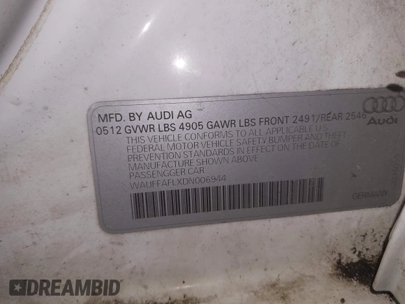 2013 Audi A4 Premium Plus with VIN WAUFFAFLXDN006944, listed as a IAAI auction lot 42787221 with 154,076 mi miles and . Bid and sale history available at DreamBid. Image 9.